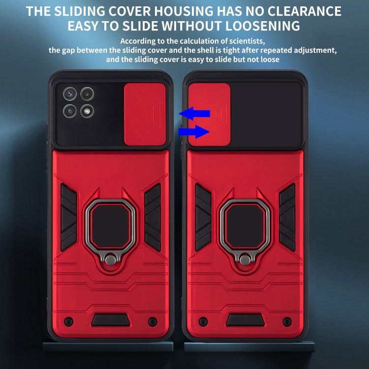 For Samsung Galaxy A22 Warrior Armor Sliding Camera Cover Design TPU + PC Shockproof Case with Ring Holder