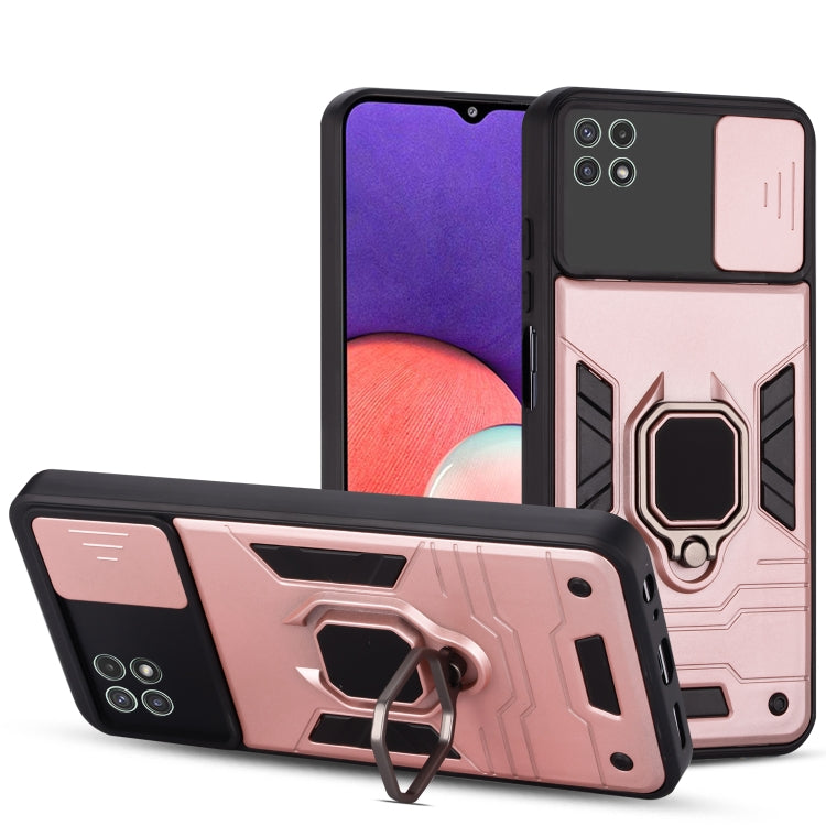 For Samsung Galaxy A22 Warrior Armor Sliding Camera Cover Design TPU + PC Shockproof Case with Ring Holder