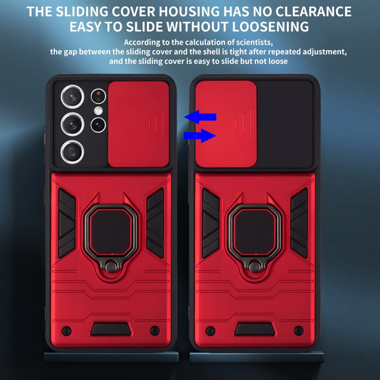 For Samsung Galaxy S21 Ultra 5G Warrior Armor Sliding Camera Cover Design TPU + PC Shockproof Case with Ring Holder
