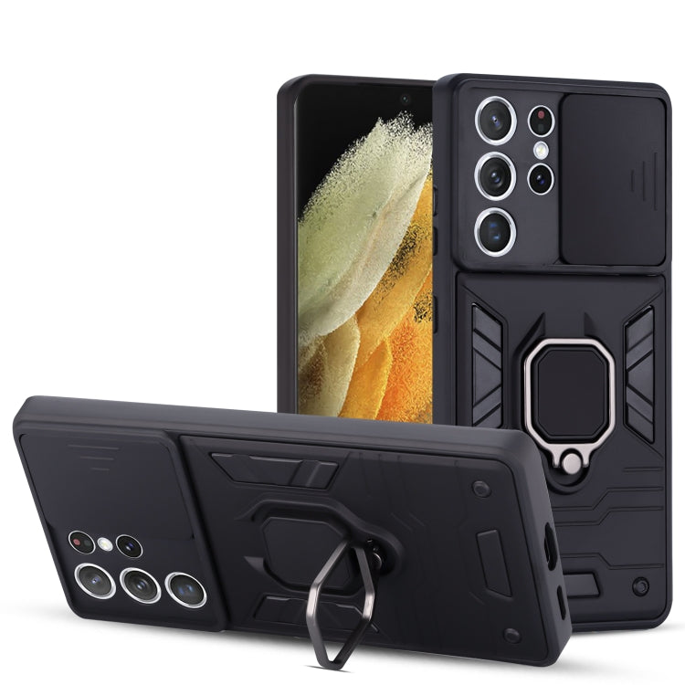 For Samsung Galaxy S21 5G Warrior Armor Sliding Camera Cover Design TPU + PC Shockproof Case with Ring Holder