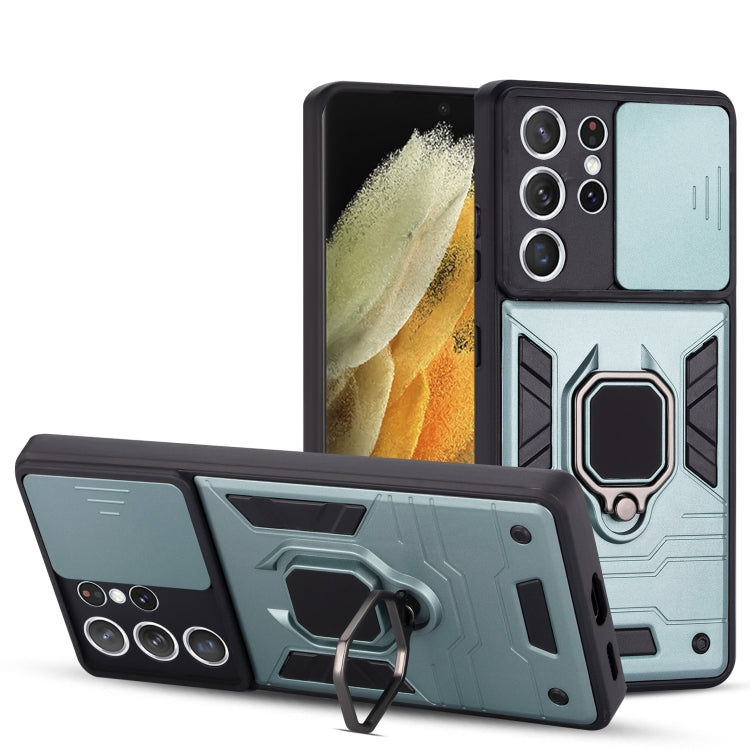 For Samsung Galaxy S21 5G Warrior Armor Sliding Camera Cover Design TPU + PC Shockproof Case with Ring Holder