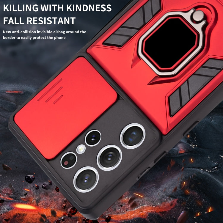 For Samsung Galaxy S21 5G Warrior Armor Sliding Camera Cover Design TPU + PC Shockproof Case with Ring Holder