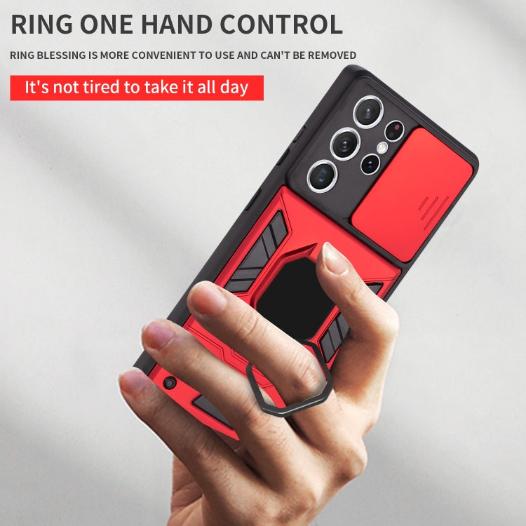 For Samsung Galaxy S21 5G Warrior Armor Sliding Camera Cover Design TPU + PC Shockproof Case with Ring Holder