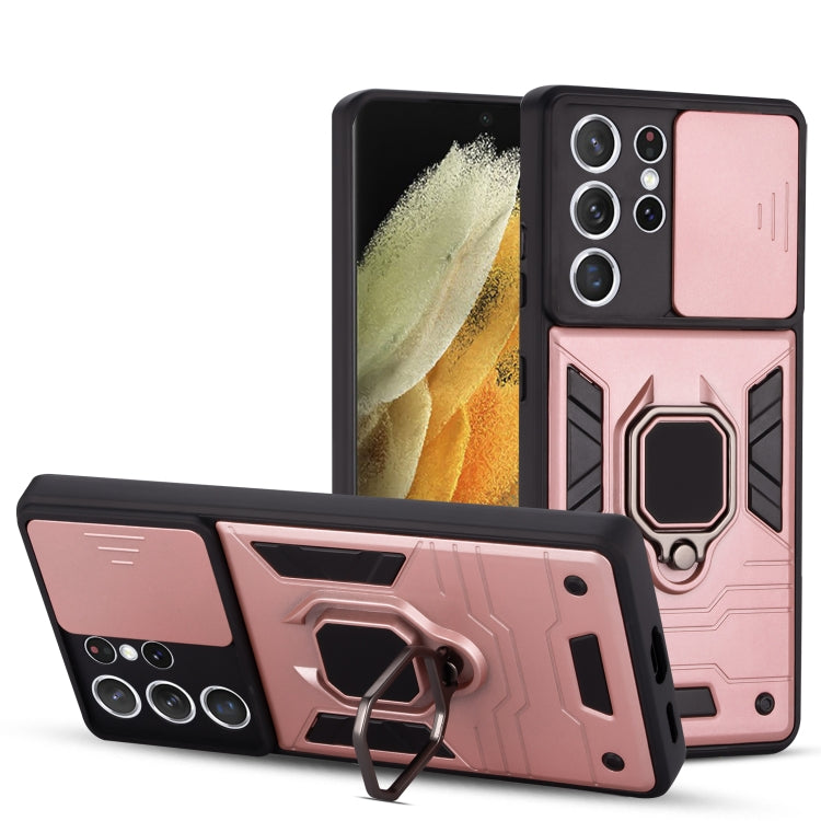 For Samsung Galaxy S21 5G Warrior Armor Sliding Camera Cover Design TPU + PC Shockproof Case with Ring Holder