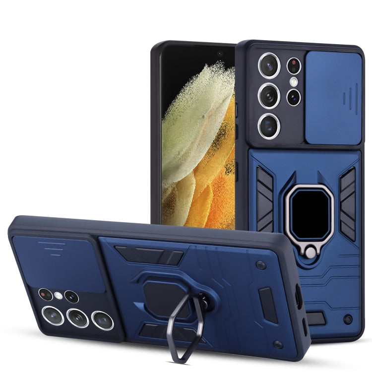For Samsung Galaxy S21+ 5G Warrior Armor Sliding Camera Cover Design TPU + PC Shockproof Case with Ring Holder