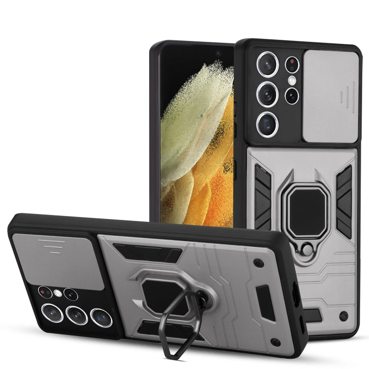 For Samsung Galaxy S21+ 5G Warrior Armor Sliding Camera Cover Design TPU + PC Shockproof Case with Ring Holder