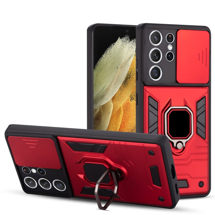 For Samsung Galaxy S21+ 5G Warrior Armor Sliding Camera Cover Design TPU + PC Shockproof Case with Ring Holder
