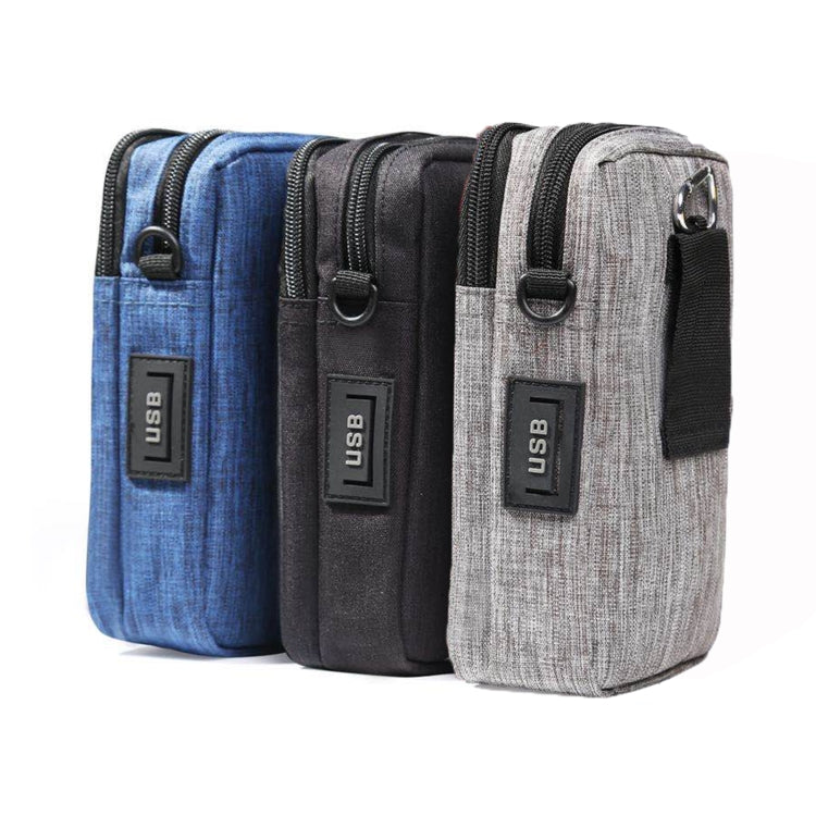 For 6-7 inch Mobile Phone Universal Silver Wire Canvas Waist Bag with Shoulder Strap & Earphone Hole & USB Cable Hole