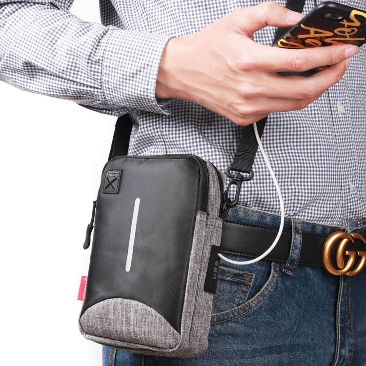 For 6-7 inch Mobile Phone Universal Silver Wire Canvas Waist Bag with Shoulder Strap & Earphone Hole & USB Cable Hole