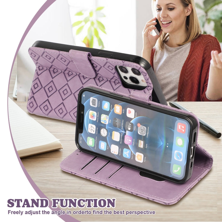 For iPhone 13 mini Embossed Big Small Concentric Squares Pattern Horizontal Flip Leather Case with Card Slot & Holder & Wallet