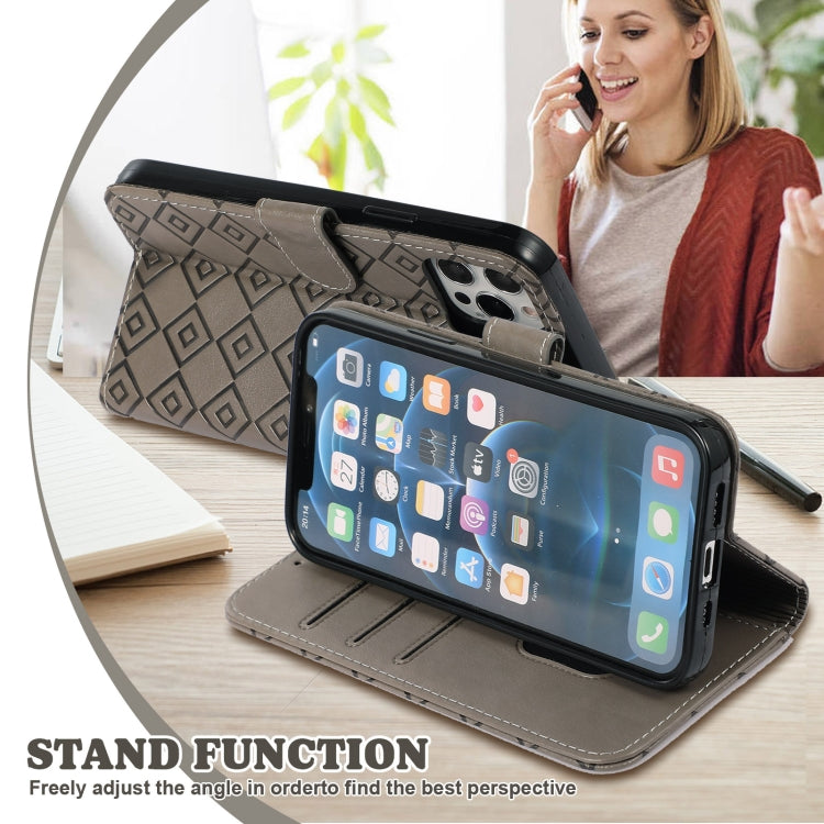 For iPhone 13 mini Embossed Big Small Concentric Squares Pattern Horizontal Flip Leather Case with Card Slot & Holder & Wallet