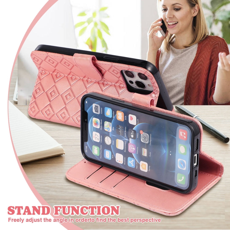 For iPhone 13 mini Embossed Big Small Concentric Squares Pattern Horizontal Flip Leather Case with Card Slot & Holder & Wallet