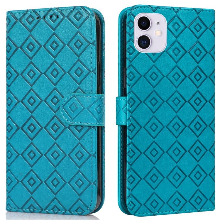 For iPhone 13 mini Embossed Big Small Concentric Squares Pattern Horizontal Flip Leather Case with Card Slot & Holder & Wallet