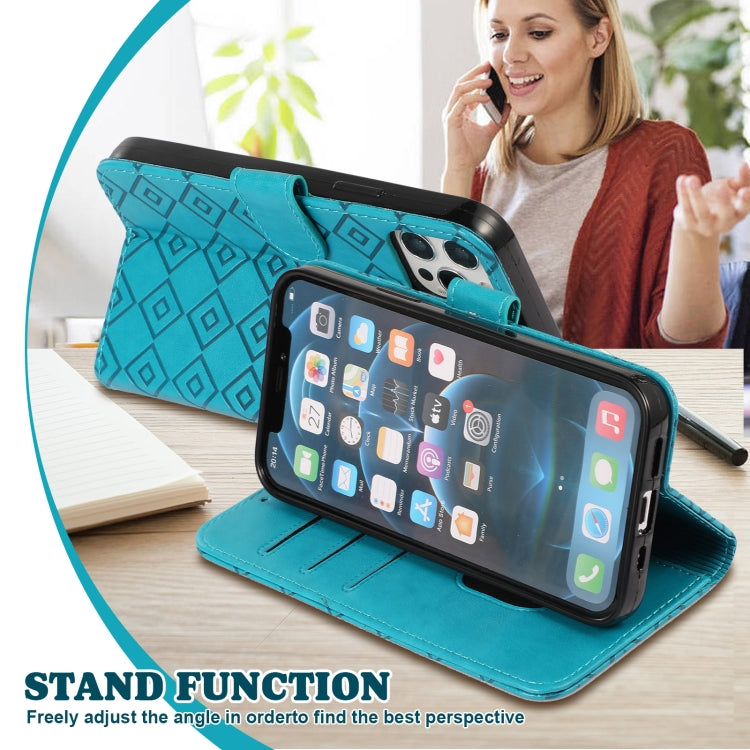 For iPhone 13 mini Embossed Big Small Concentric Squares Pattern Horizontal Flip Leather Case with Card Slot & Holder & Wallet