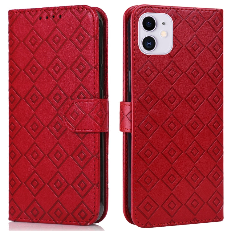 For iPhone 13 mini Embossed Big Small Concentric Squares Pattern Horizontal Flip Leather Case with Card Slot & Holder & Wallet