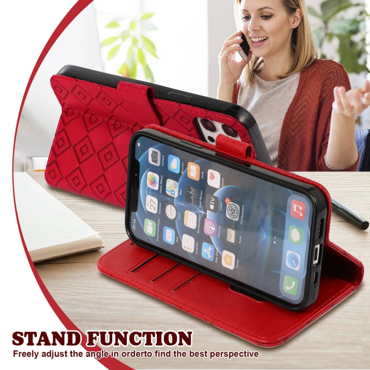 For iPhone 13 mini Embossed Big Small Concentric Squares Pattern Horizontal Flip Leather Case with Card Slot & Holder & Wallet