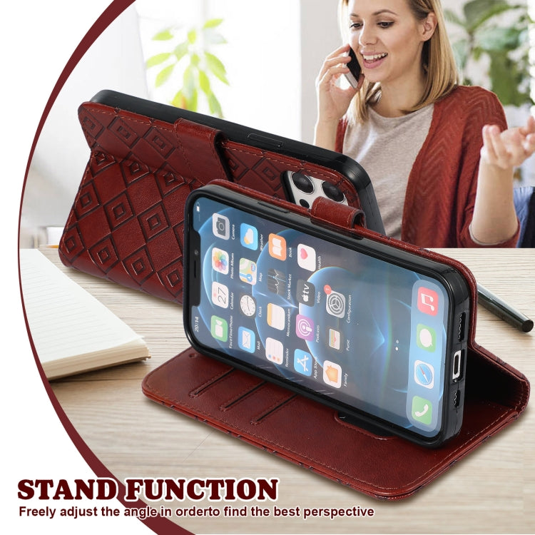 For iPhone 13 mini Embossed Big Small Concentric Squares Pattern Horizontal Flip Leather Case with Card Slot & Holder & Wallet