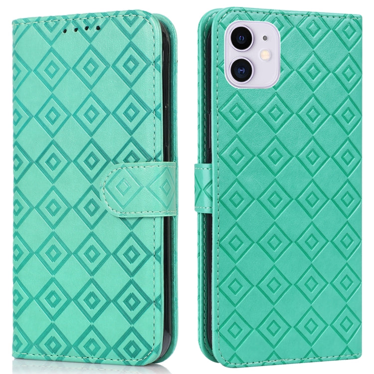 For iPhone 13 mini Embossed Big Small Concentric Squares Pattern Horizontal Flip Leather Case with Card Slot & Holder & Wallet