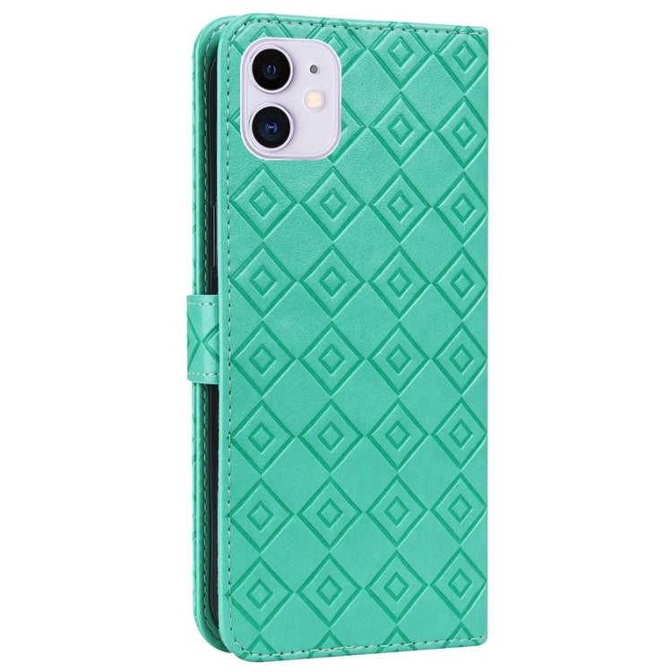 For iPhone 13 mini Embossed Big Small Concentric Squares Pattern Horizontal Flip Leather Case with Card Slot & Holder & Wallet
