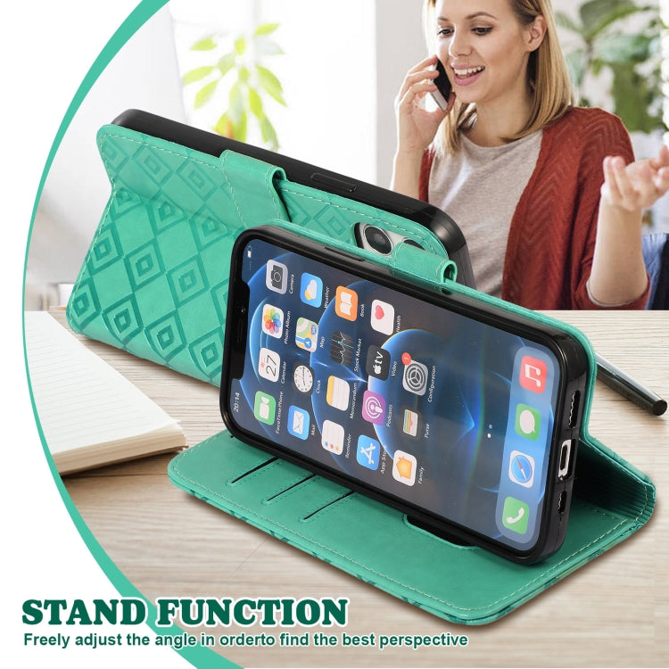 For iPhone 13 mini Embossed Big Small Concentric Squares Pattern Horizontal Flip Leather Case with Card Slot & Holder & Wallet