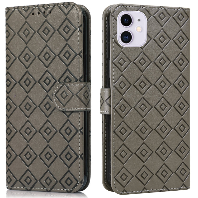 For iPhone 13 Embossed Big Small Concentric Squares Pattern Horizontal Flip Leather Case with Card Slot & Holder & Wallet