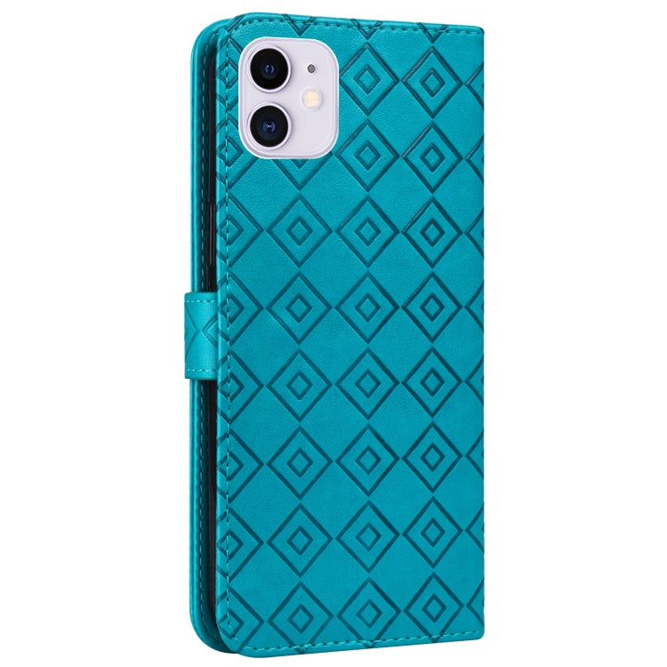 For iPhone 13 Embossed Big Small Concentric Squares Pattern Horizontal Flip Leather Case with Card Slot & Holder & Wallet