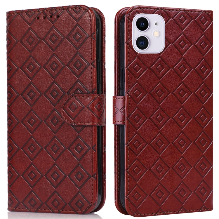 For iPhone 13 Embossed Big Small Concentric Squares Pattern Horizontal Flip Leather Case with Card Slot & Holder & Wallet