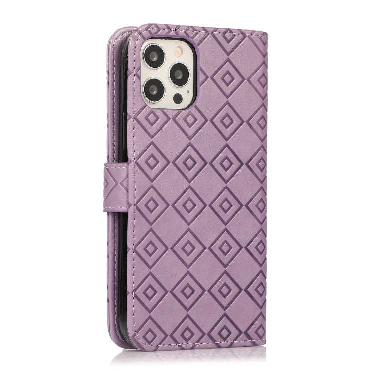 For iPhone 13 Pro Embossed Big Small Concentric Squares Pattern Horizontal Flip Leather Case with Card Slot & Holder & Wallet