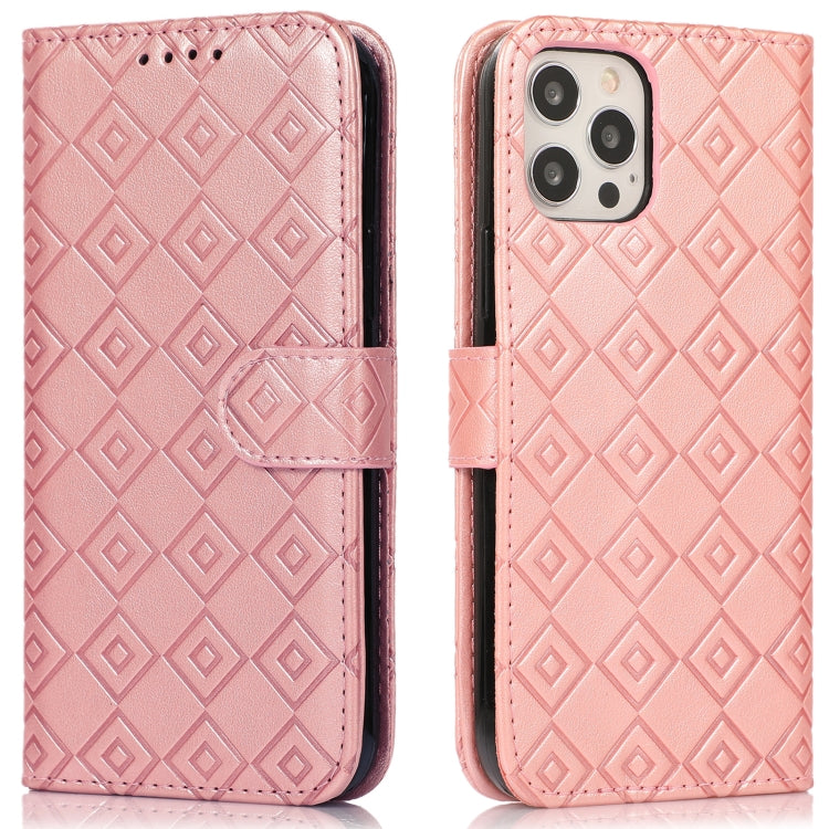 For iPhone 13 Pro Embossed Big Small Concentric Squares Pattern Horizontal Flip Leather Case with Card Slot & Holder & Wallet