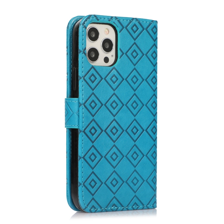 For iPhone 13 Pro Max Embossed Big Small Concentric Squares Pattern Horizontal Flip Leather Case with Card Slot & Holder & Wallet
