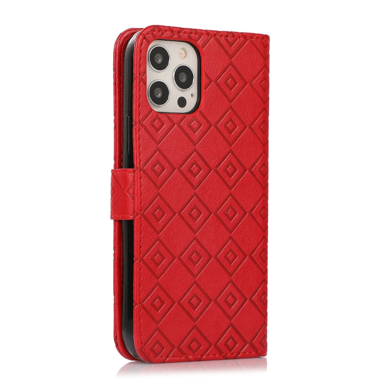 For iPhone 13 Pro Max Embossed Big Small Concentric Squares Pattern Horizontal Flip Leather Case with Card Slot & Holder & Wallet