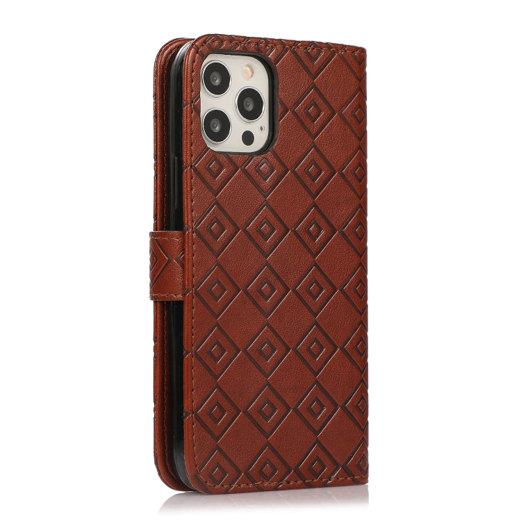 For iPhone 13 Pro Max Embossed Big Small Concentric Squares Pattern Horizontal Flip Leather Case with Card Slot & Holder & Wallet