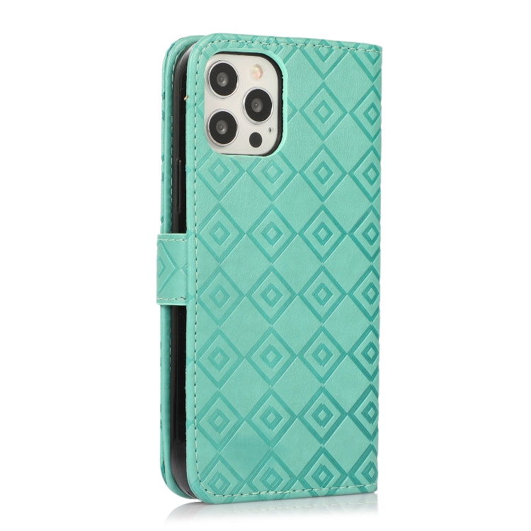 For iPhone 13 Pro Max Embossed Big Small Concentric Squares Pattern Horizontal Flip Leather Case with Card Slot & Holder & Wallet
