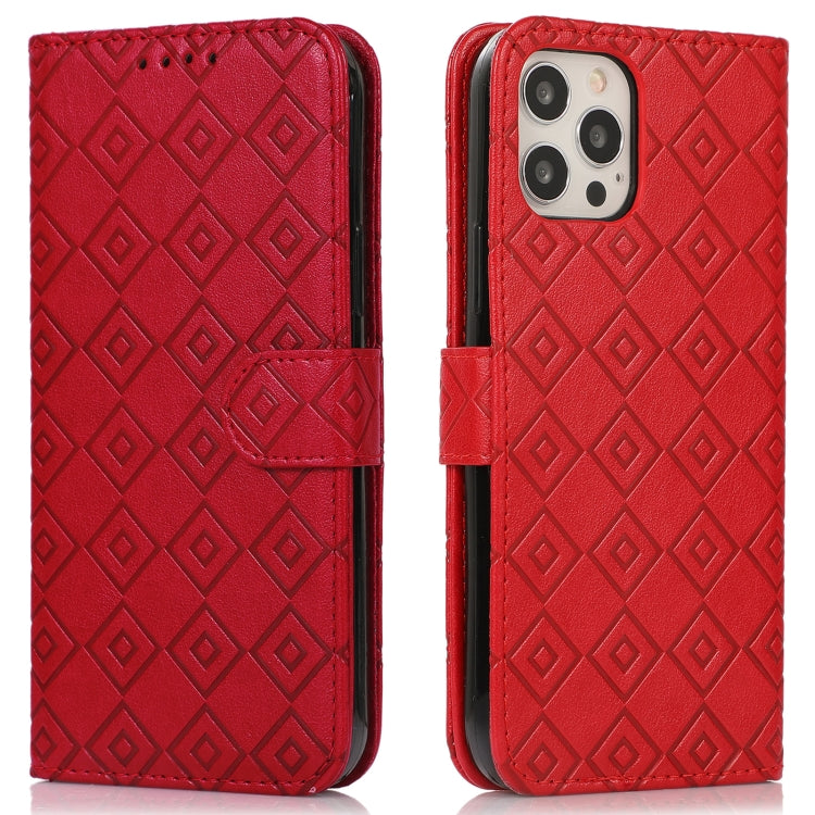 For iPhone 12 / 12 Pro Embossed Big Small Concentric Squares Pattern Horizontal Flip Leather Case with Card Slot & Holder & Wallet