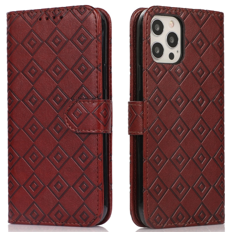 For iPhone 12 / 12 Pro Embossed Big Small Concentric Squares Pattern Horizontal Flip Leather Case with Card Slot & Holder & Wallet