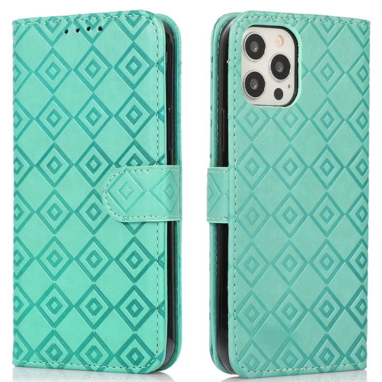 For iPhone 12 / 12 Pro Embossed Big Small Concentric Squares Pattern Horizontal Flip Leather Case with Card Slot & Holder & Wallet
