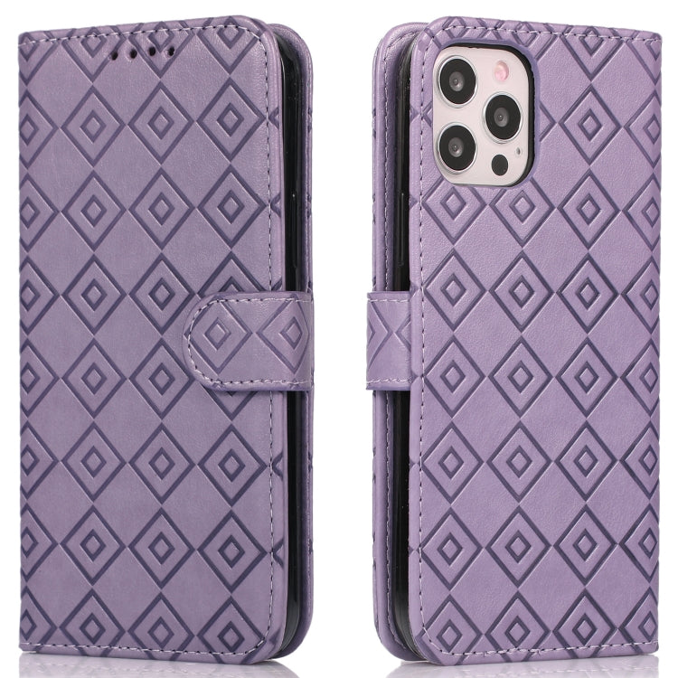 For iPhone 12 Pro Max Embossed Big Small Concentric Squares Pattern Horizontal Flip Leather Case with Card Slot & Holder & Wallet