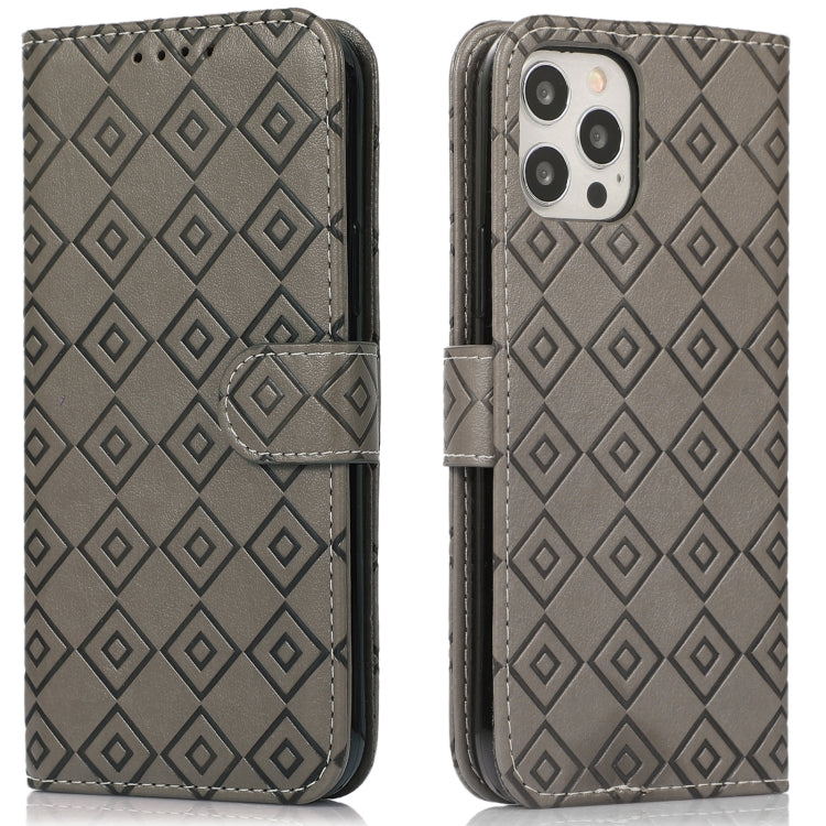 For iPhone 12 Pro Max Embossed Big Small Concentric Squares Pattern Horizontal Flip Leather Case with Card Slot & Holder & Wallet