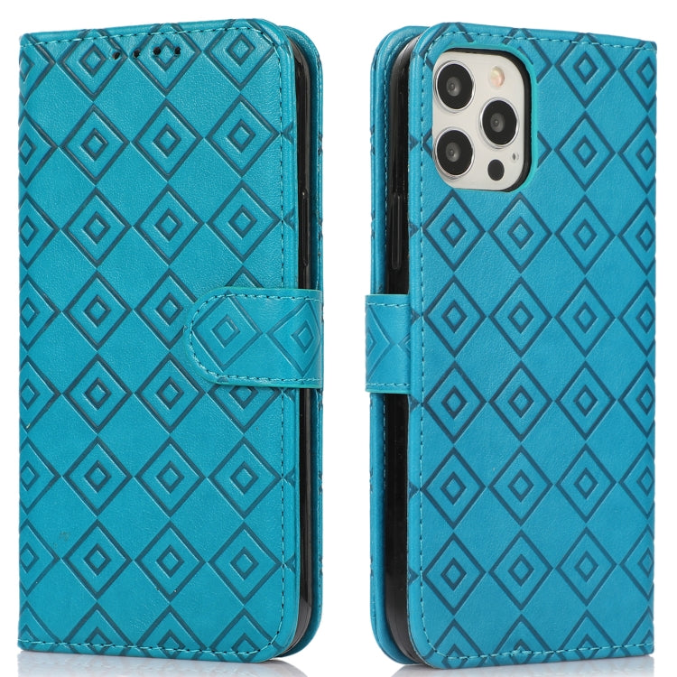 For iPhone 12 Pro Max Embossed Big Small Concentric Squares Pattern Horizontal Flip Leather Case with Card Slot & Holder & Wallet