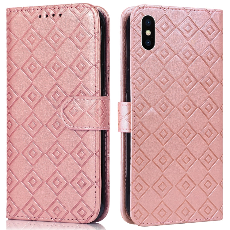 For iPhone X / XS Embossed Big Small Concentric Squares Pattern Horizontal Flip Leather Case with Card Slot & Holder & Wallet