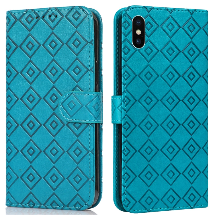 For iPhone XR Embossed Big Small Concentric Squares Pattern Horizontal Flip Leather Case with Card Slot & Holder & Wallet