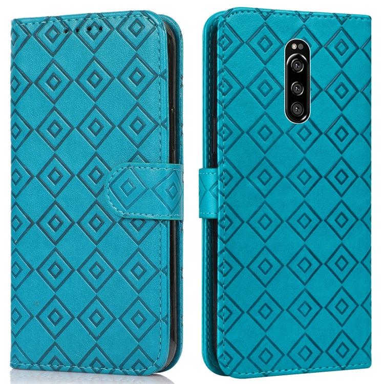 For Sony Xperia 1 Embossed Big Small Concentric Squares Pattern Horizontal Flip Leather Case with Card Slot & Holder & Wallet