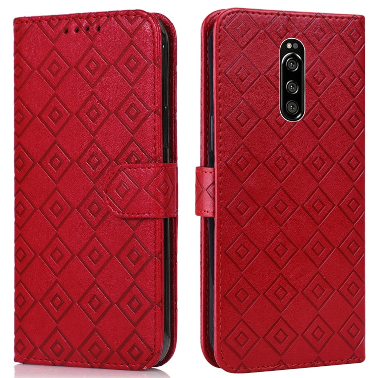 For Sony Xperia 1 Embossed Big Small Concentric Squares Pattern Horizontal Flip Leather Case with Card Slot & Holder & Wallet