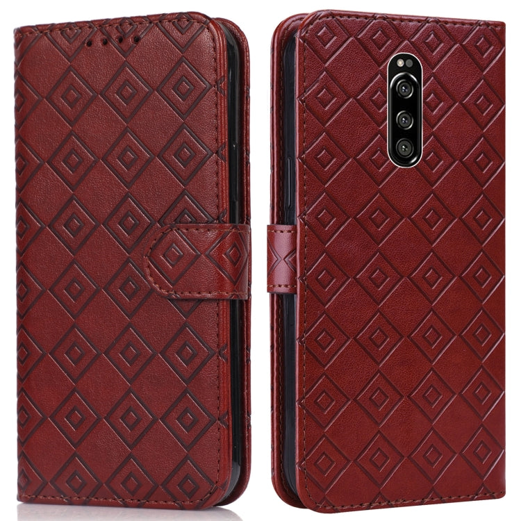 For Sony Xperia 1 Embossed Big Small Concentric Squares Pattern Horizontal Flip Leather Case with Card Slot & Holder & Wallet
