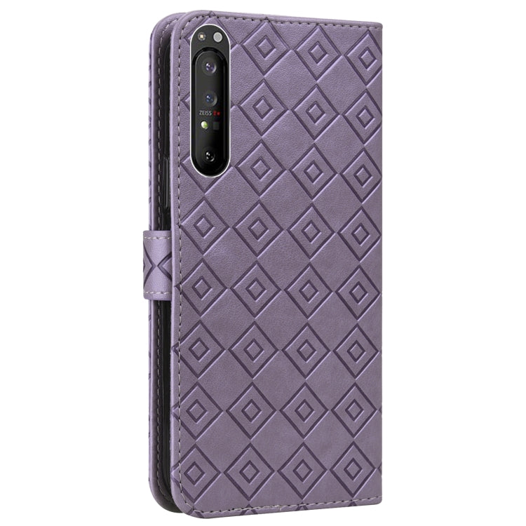 For Sony Xperia 1 II Embossed Big Small Concentric Squares Pattern Horizontal Flip Leather Case with Card Slot & Holder & Wallet