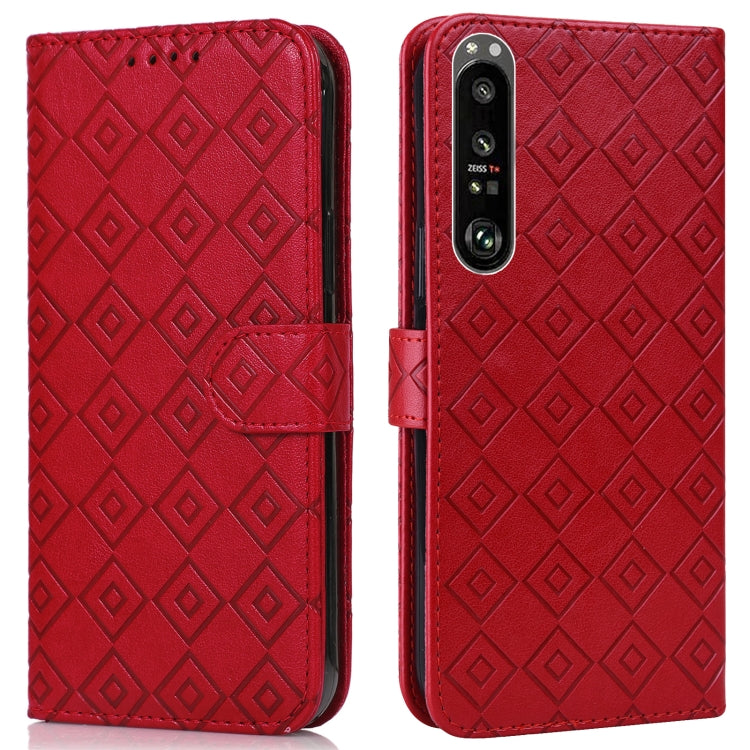 For Sony Xperia 1 II Embossed Big Small Concentric Squares Pattern Horizontal Flip Leather Case with Card Slot & Holder & Wallet
