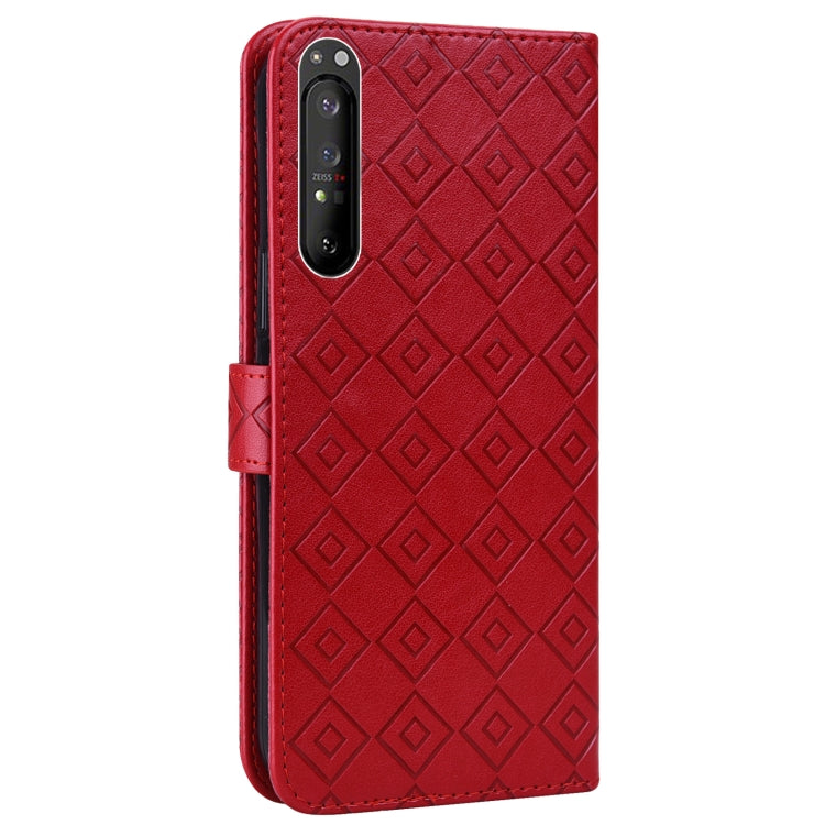 For Sony Xperia 1 II Embossed Big Small Concentric Squares Pattern Horizontal Flip Leather Case with Card Slot & Holder & Wallet