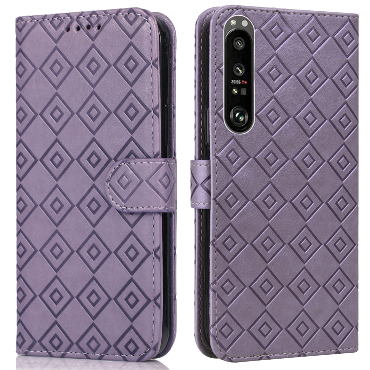 For Sony Xperia 1 III Embossed Big Small Concentric Squares Pattern Horizontal Flip Leather Case with Card Slot & Holder & Wallet