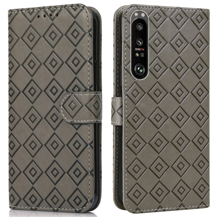 For Sony Xperia 1 III Embossed Big Small Concentric Squares Pattern Horizontal Flip Leather Case with Card Slot & Holder & Wallet