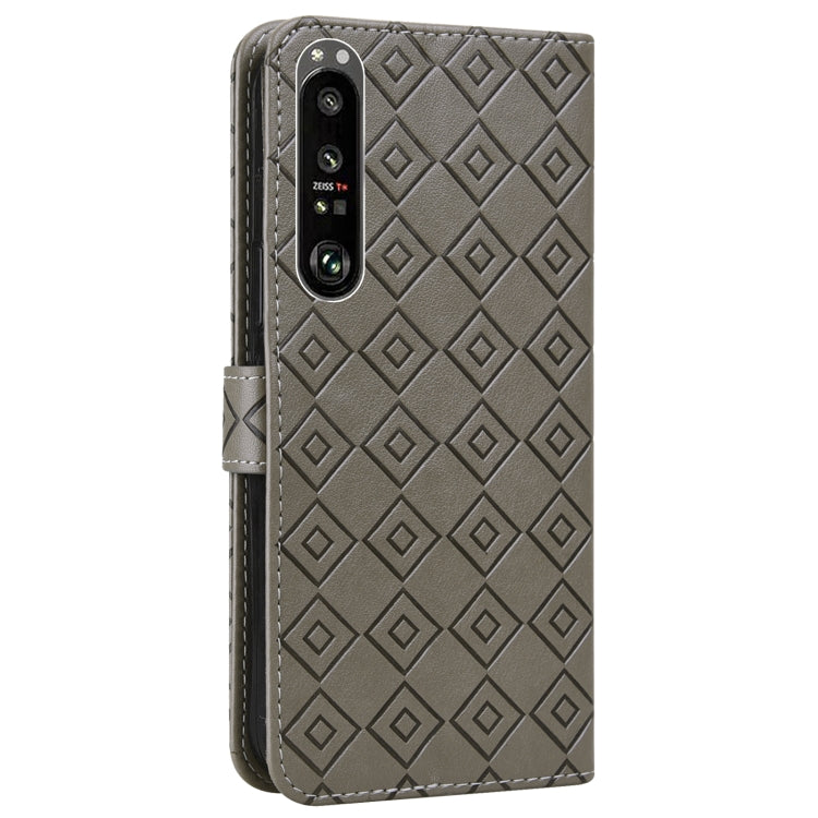 For Sony Xperia 1 III Embossed Big Small Concentric Squares Pattern Horizontal Flip Leather Case with Card Slot & Holder & Wallet